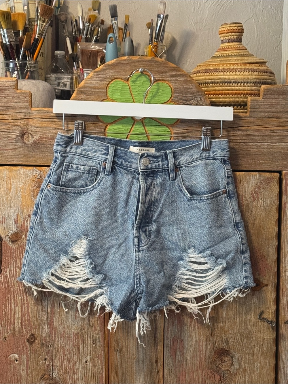 PacSun Light Blue Distressed High-Rise Denim Shorts 27 waist